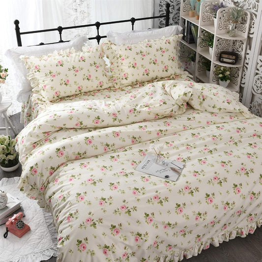 Ruffle Duvet Cover Sets Twin Shabby Floral Bedding Set Beige Rose Duvet Cover Set Rose Floral Girls Bedding Farmhouse Chic Bedding French Country Bedding Sets 3 Pieces Twin Size