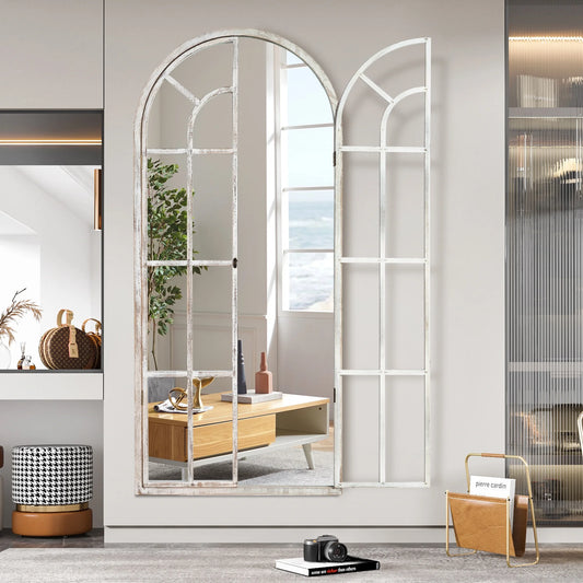 71"X32" Modern Arched Foldable Window Mirror Full Length Mirror Floor Mirror,Weathered White