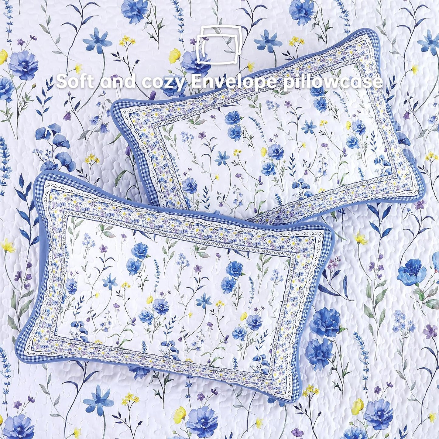 WONGD Bedding Floral Quilt Set King, 3 Pieces Blue Bedspreads Coverlet Set, Garden Floral Printed Quilted Bedding Set，Lightweight Farmhouse Spring Summer Beds Coverlet for All Season(110"X90")