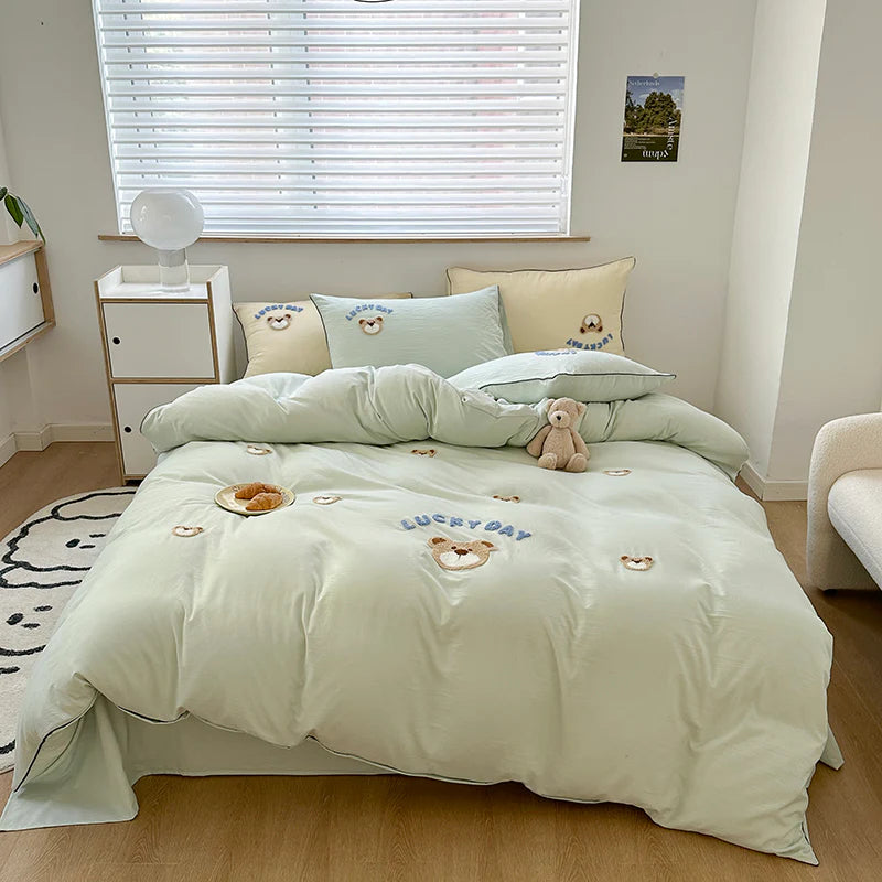 Cute Bear Embroidery Bedding Set