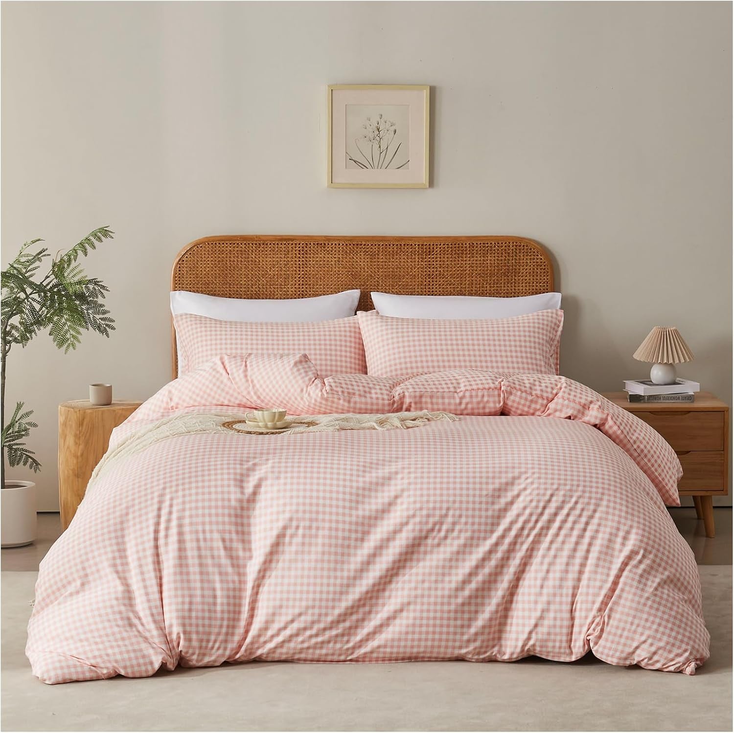 Gingham Duvet Cover Set Queen 3 Pieces Pink White Plaid Checkered Comforter Cover Reversible Microfiber Washed Cotton Bedding Zipper Ties 2 Pillowcases Breathable Soft Farmhouse Style Cozy Decor