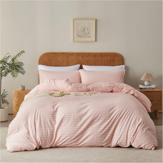 Gingham Duvet Cover Set Queen 3 Pieces Pink White Plaid Checkered Comforter Cover Reversible Microfiber Washed Cotton Bedding Zipper Ties 2 Pillowcases Breathable Soft Farmhouse Style Cozy Decor