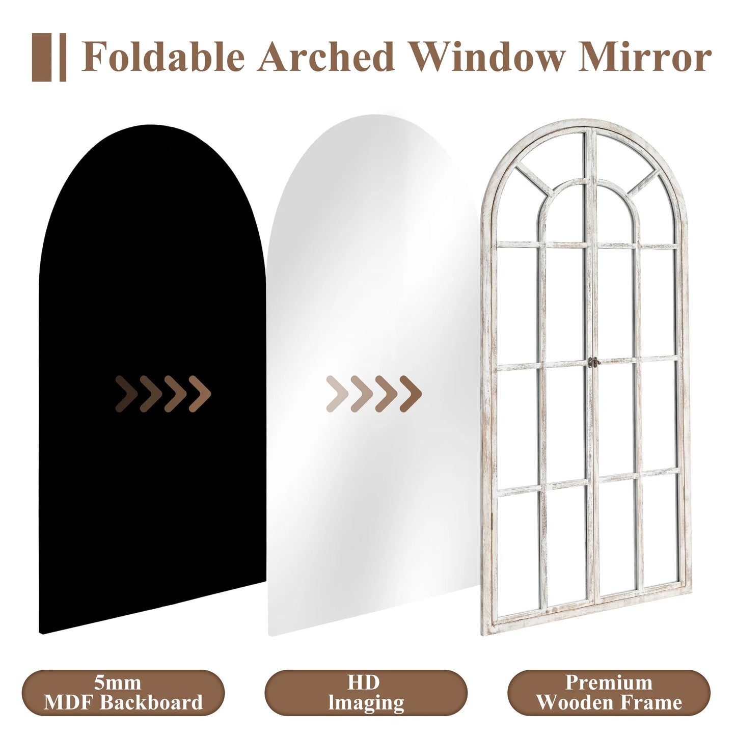 71"X32" Modern Arched Foldable Window Mirror Full Length Mirror Floor Mirror,Weathered White