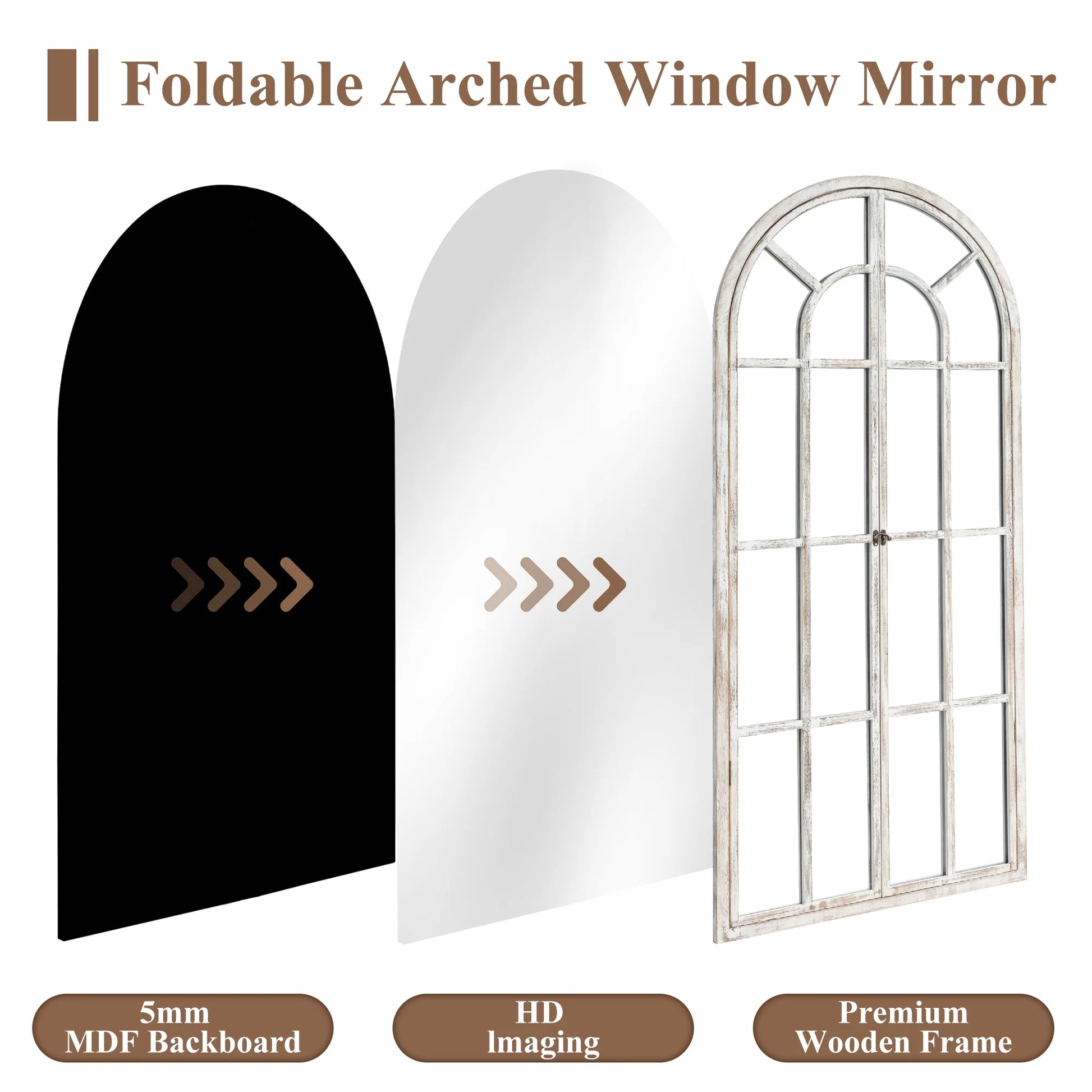 71"X32" Modern Arched Foldable Window Mirror Full Length Mirror Floor Mirror,Weathered White