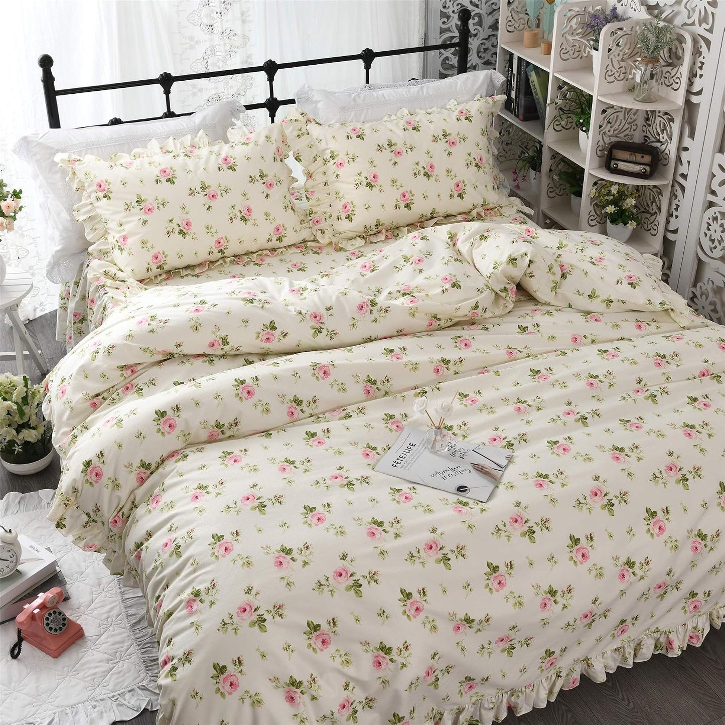 Ruffle Duvet Cover Sets Twin Shabby Floral Bedding Set Beige Rose Duvet Cover Set Rose Floral Girls Bedding Farmhouse Chic Bedding French Country Bedding Sets 3 Pieces Twin Size