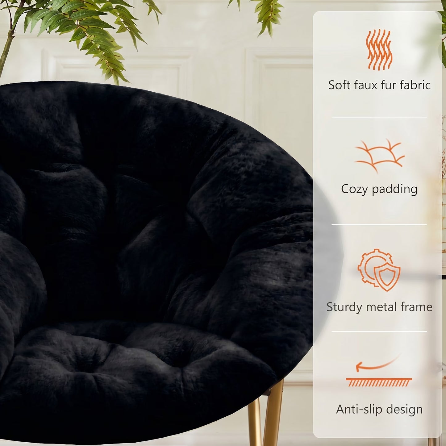 Faux Fur Folding Saucer Chair, Foldable Accent Chair for Adults, Soft Plush Seat, Lightweight & Comfortable, Black