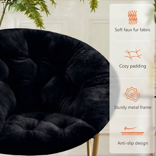 Faux Fur Folding Saucer Chair, Foldable Accent Chair for Adults, Soft Plush Seat, Lightweight & Comfortable, Black