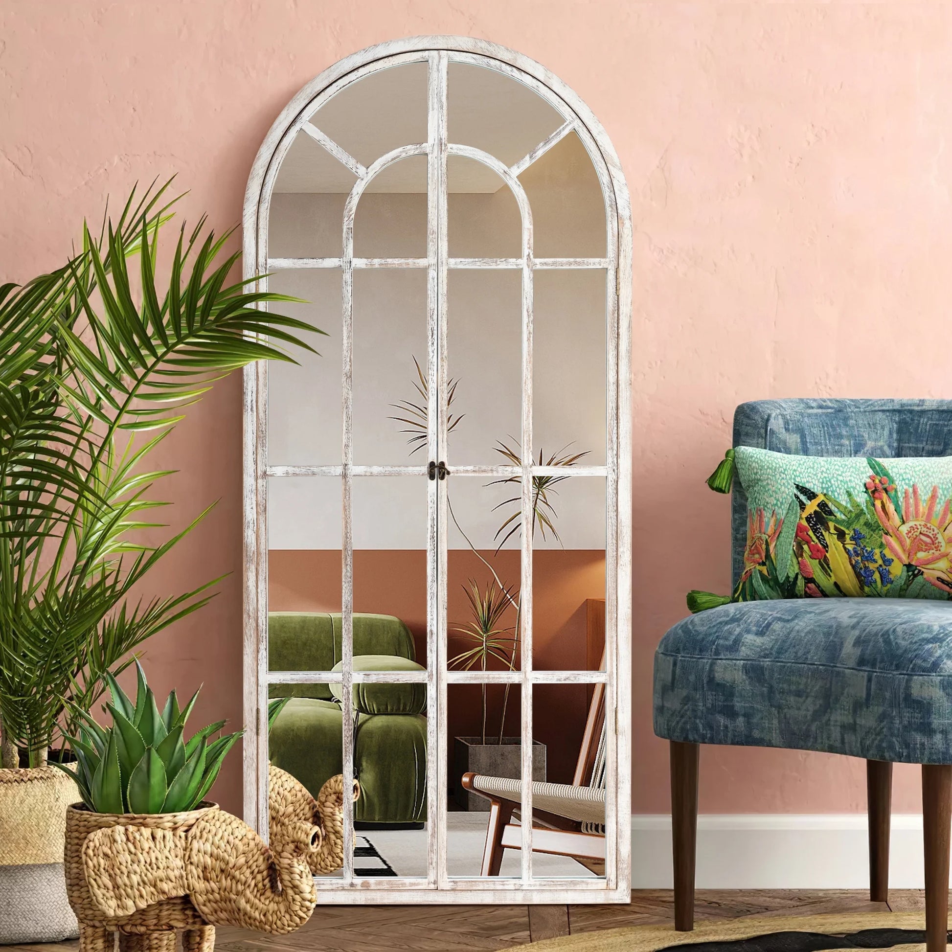 71"X32" Modern Arched Foldable Window Mirror Full Length Mirror Floor Mirror,Weathered White