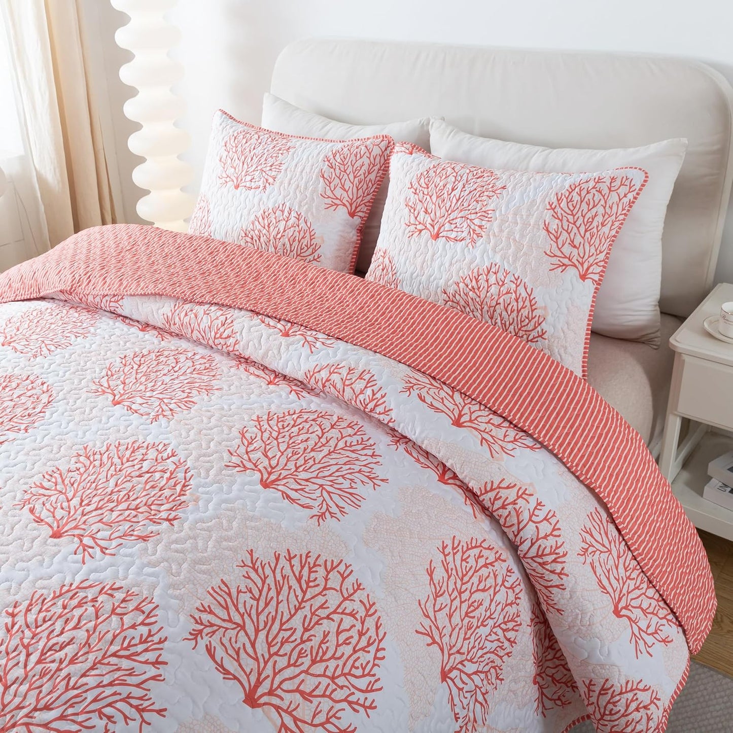 Coastal Quilt Set - King and 2 Shams, Quilted Coastal Bedspread with Beach Theme, Ocean Bedding Set, Summer Nautical Quilt, Beachy Comforter with Tropical Motif, Sea of Coral