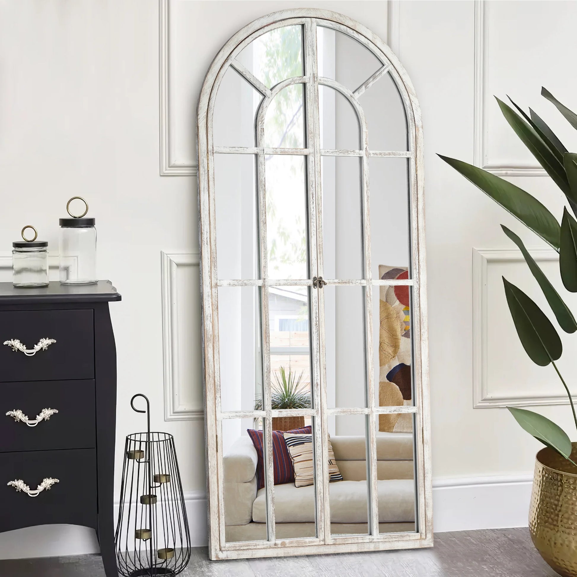 71"X32" Modern Arched Foldable Window Mirror Full Length Mirror Floor Mirror,Weathered White
