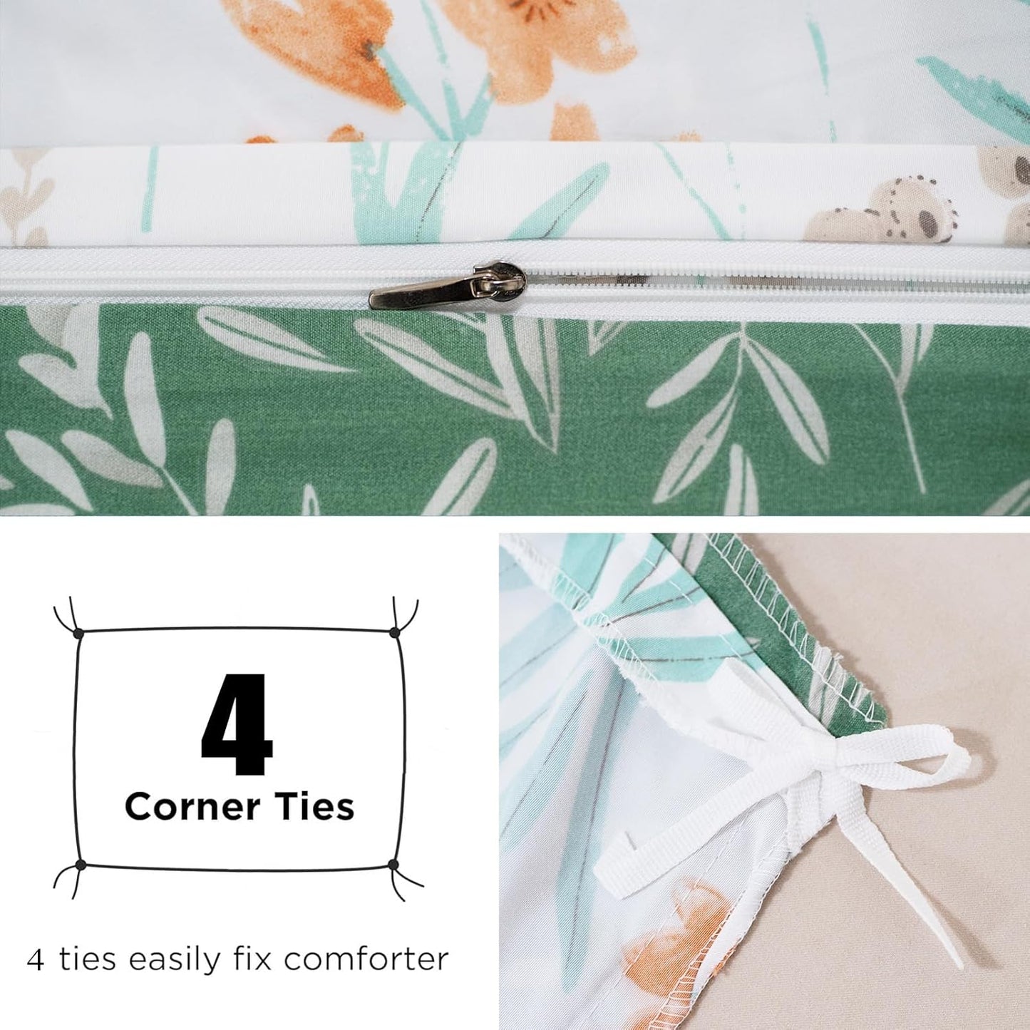 Green Floral Microfiber Duvet Cover Set 3Pcs Queen Bedding Comforter Cover Botanical Reversible Quilt Ultra Soft Bedspread Zipper Closure Cozy Farmhouse Boho Cottage Style Bedroom Essentials