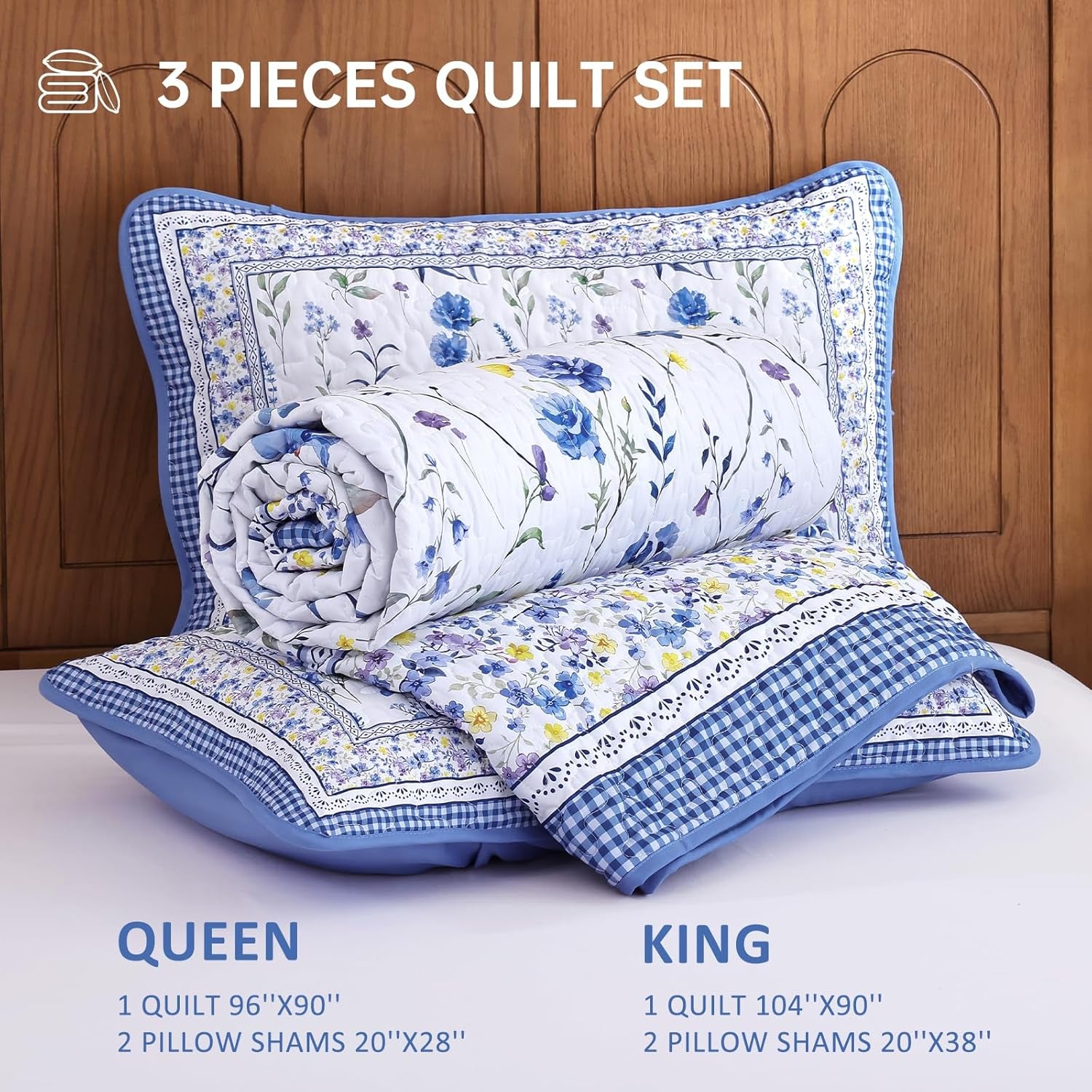 WONGD Bedding Floral Quilt Set King, 3 Pieces Blue Bedspreads Coverlet Set, Garden Floral Printed Quilted Bedding Set，Lightweight Farmhouse Spring Summer Beds Coverlet for All Season(110"X90")