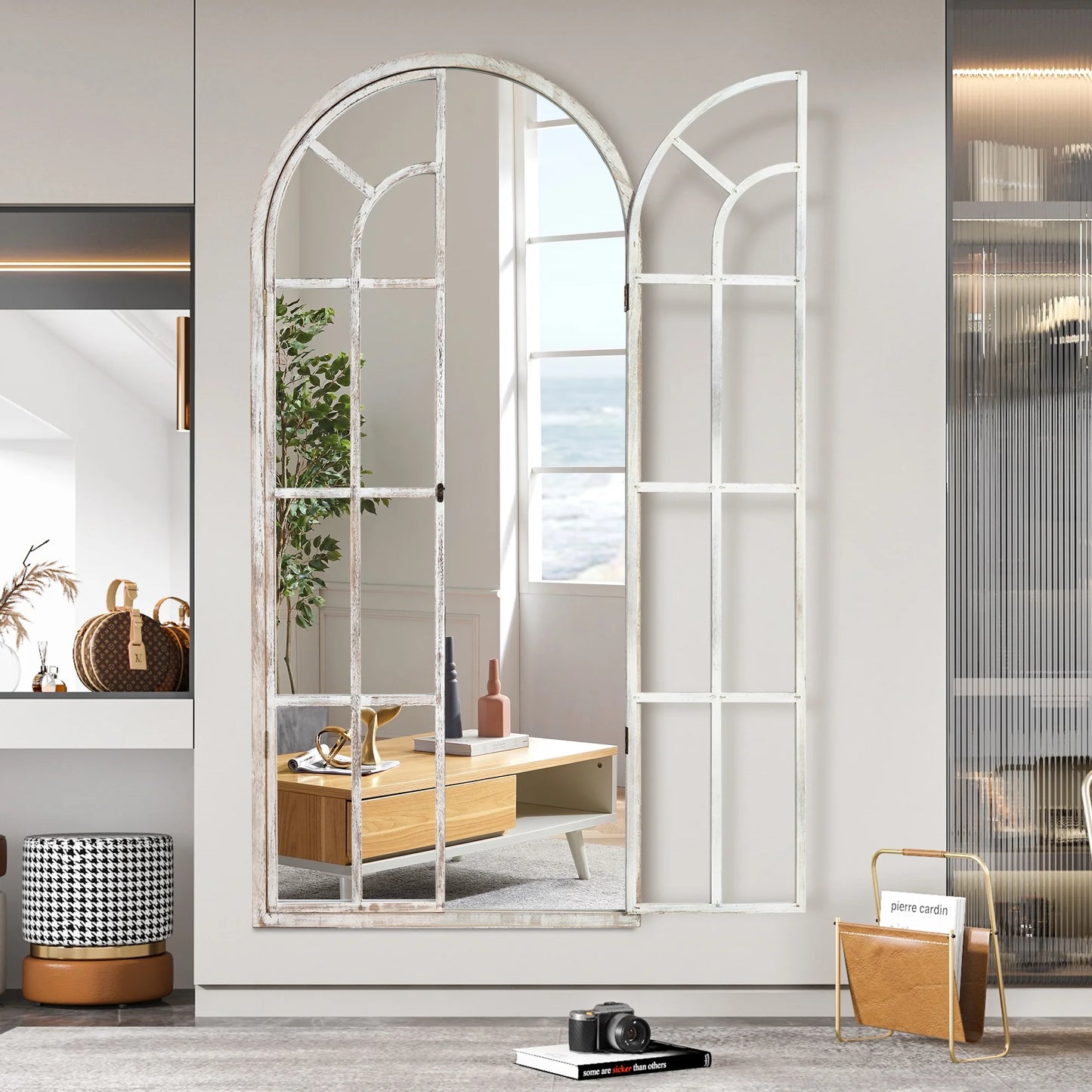 71"X32" Modern Arched Foldable Window Mirror Full Length Mirror Floor Mirror,Weathered White