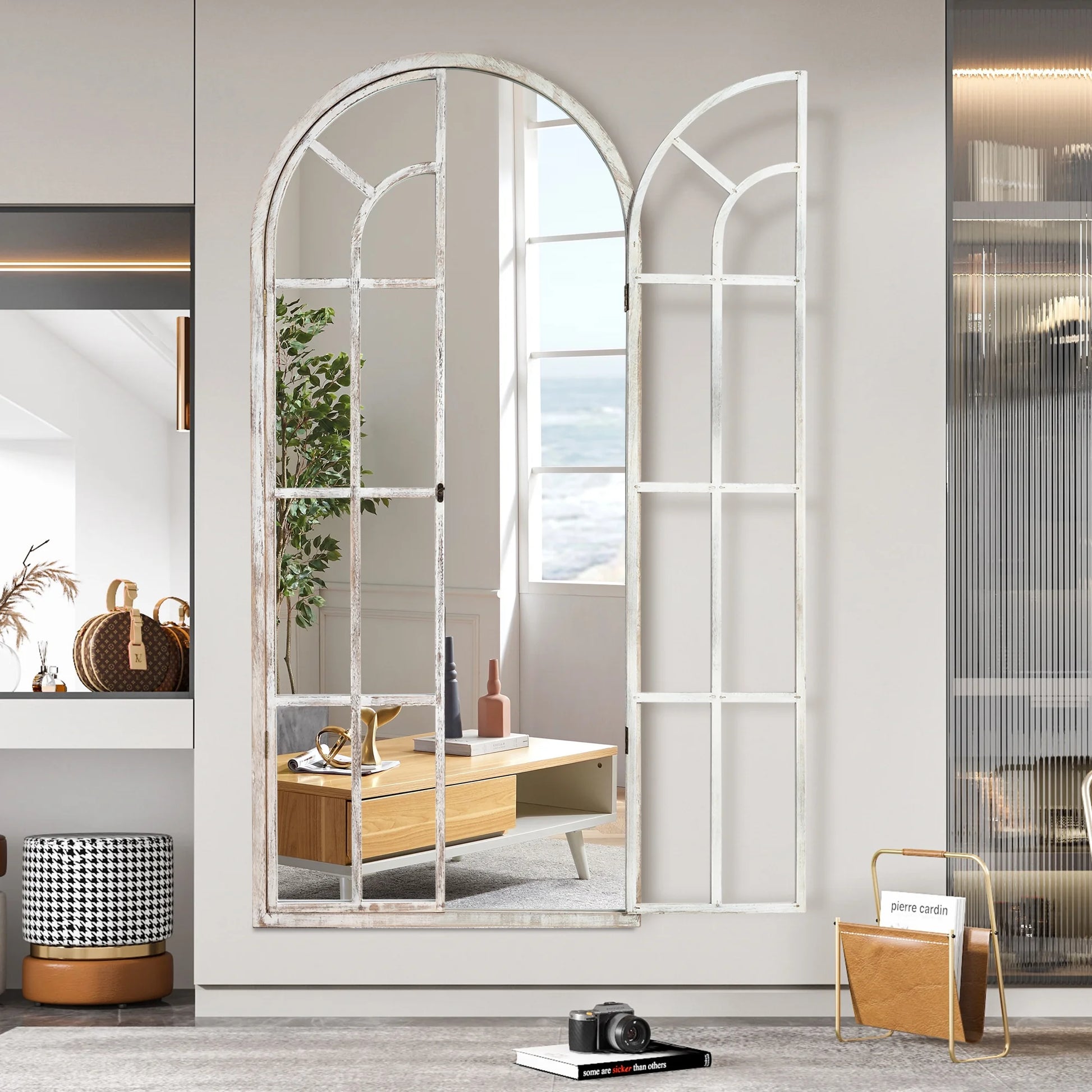 71"X32" Modern Arched Foldable Window Mirror Full Length Mirror Floor Mirror,Weathered White