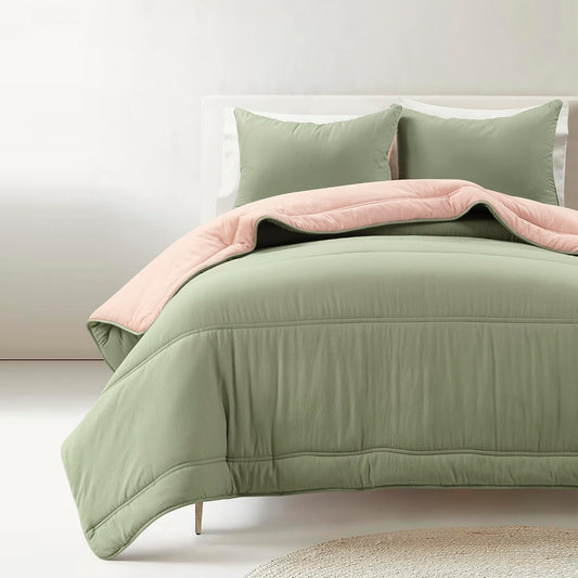Oslo Soft Reversible Quilted Comforter Set, 3 Piece Set, Full/Queen, Coral & Sage - Soft Bedding Set - Green & Pink Comforter - Dorm Decor - Queen Quilt - Minimalist & Modern Bedroom Decor
