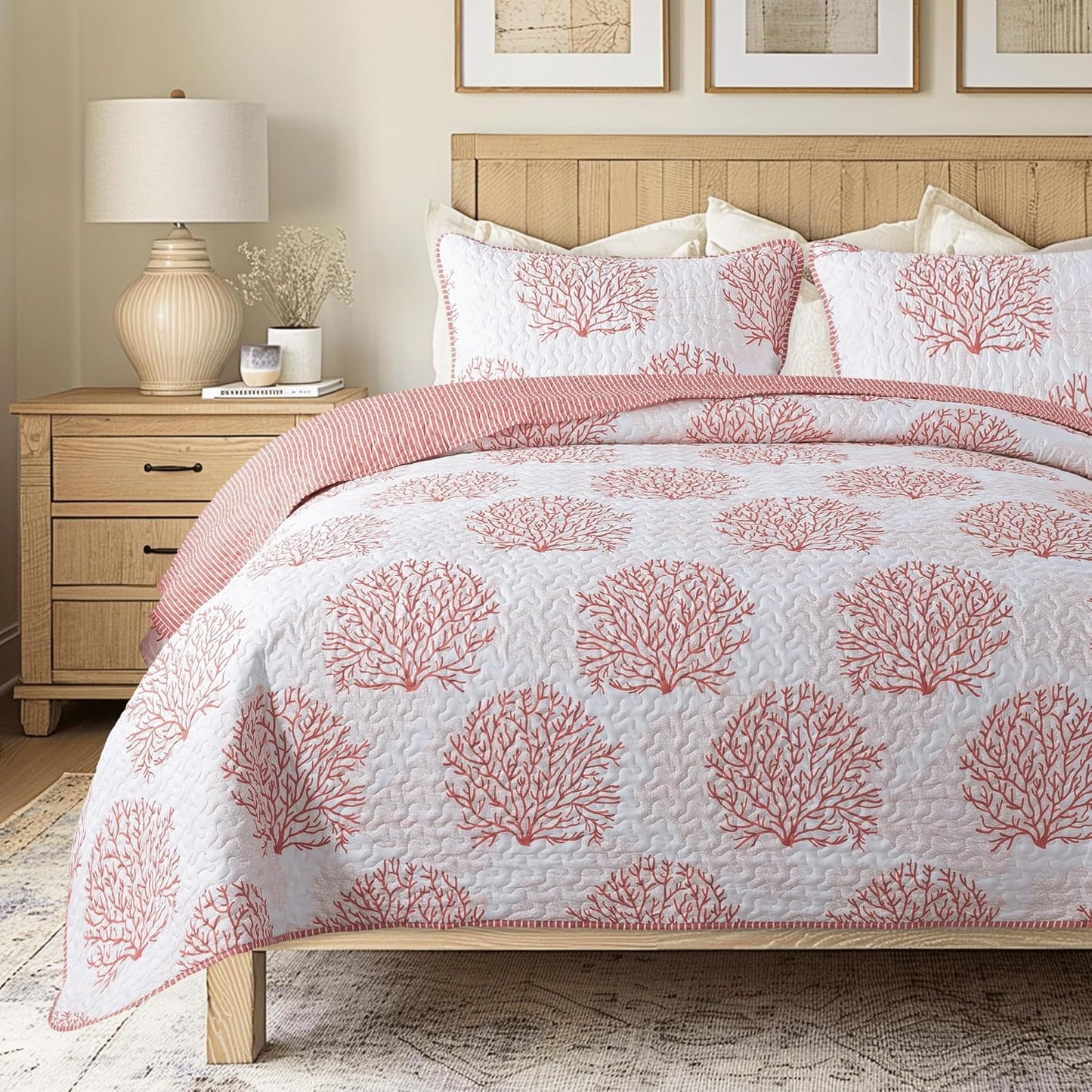 Coastal Quilt Set - King and 2 Shams, Quilted Coastal Bedspread with Beach Theme, Ocean Bedding Set, Summer Nautical Quilt, Beachy Comforter with Tropical Motif, Sea of Coral