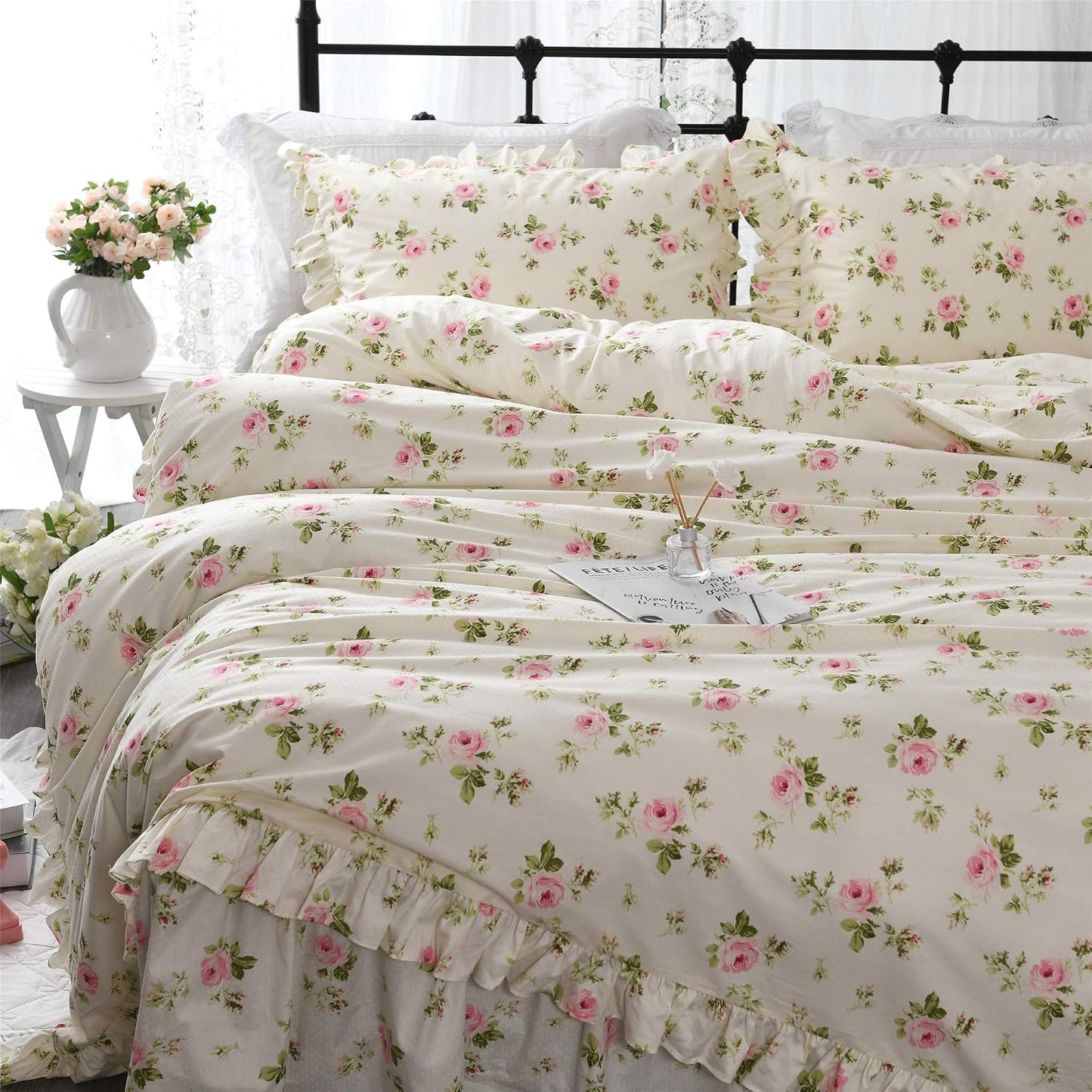 Ruffle Duvet Cover Sets Twin Shabby Floral Bedding Set Beige Rose Duvet Cover Set Rose Floral Girls Bedding Farmhouse Chic Bedding French Country Bedding Sets 3 Pieces Twin Size