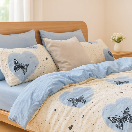 Butterfly Floral Duvet Cover Set Queen Cornflower Blue Reversible Bedding Microfiber Soft Breathable Comforter Cover Pillowcases Dorm Bedroom Cottage Home Decor Bedding Collection Machine Washable