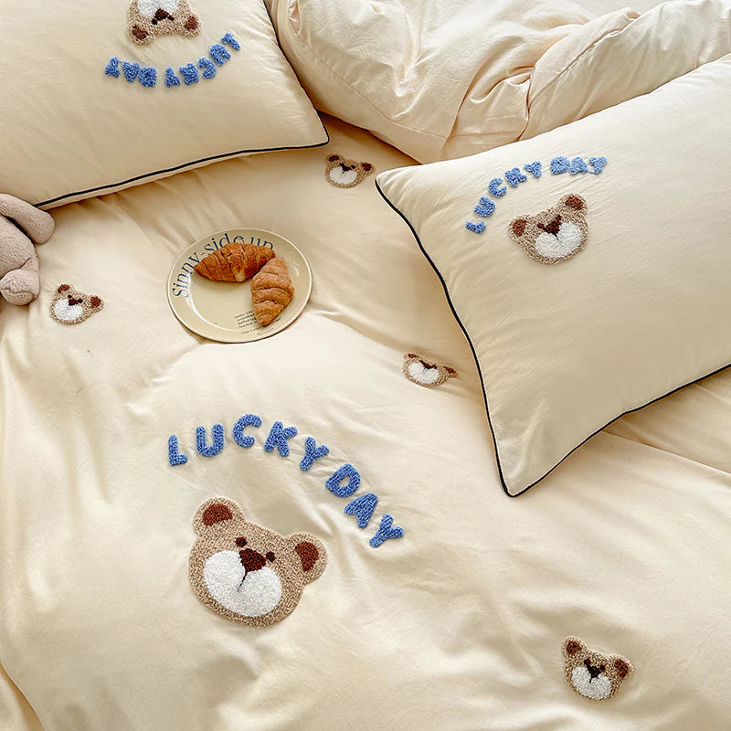 Cute Bear Embroidery Bedding Set
