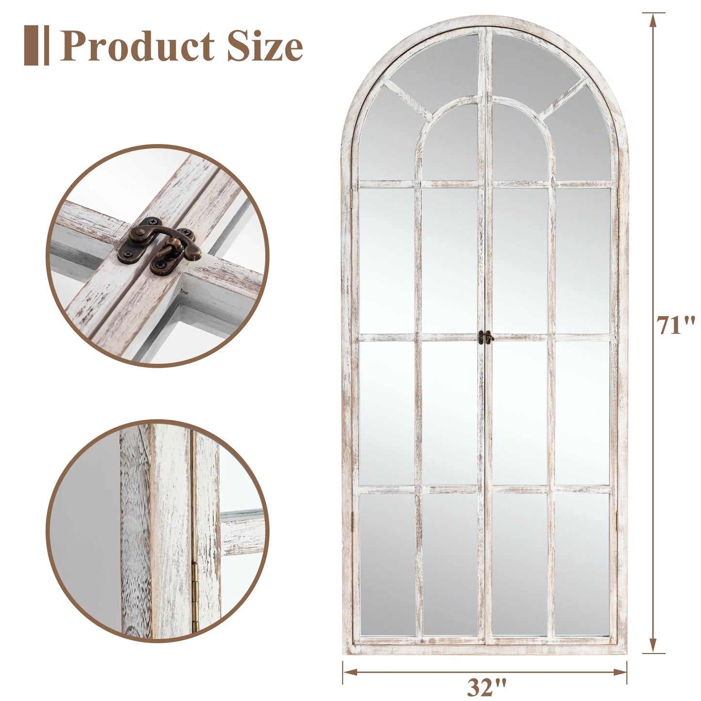 71"X32" Modern Arched Foldable Window Mirror Full Length Mirror Floor Mirror,Weathered White