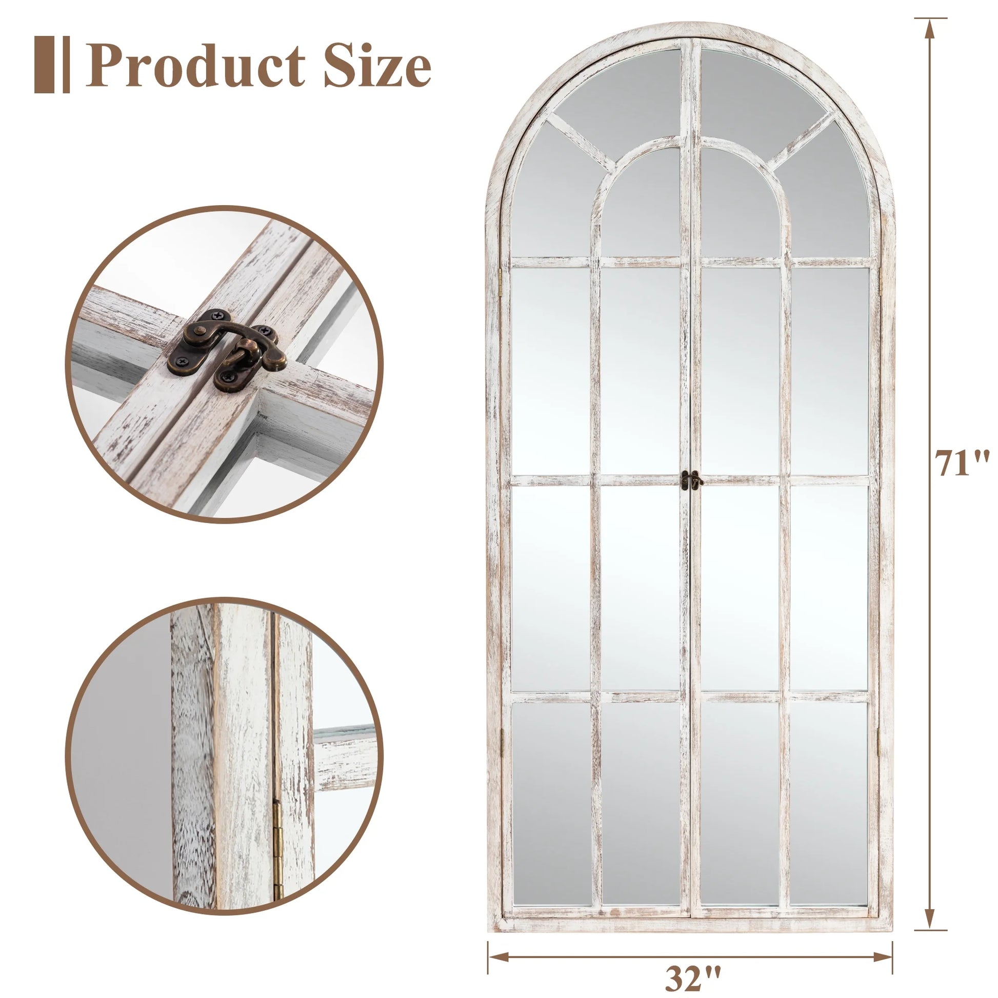 71"X32" Modern Arched Foldable Window Mirror Full Length Mirror Floor Mirror,Weathered White