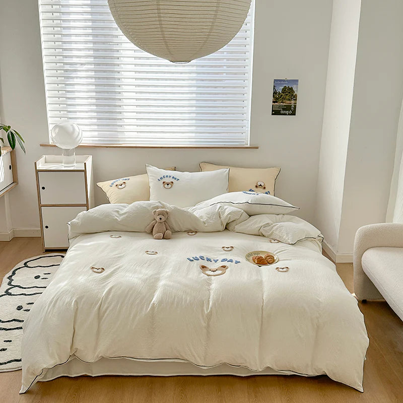 Cute Bear Embroidery Bedding Set