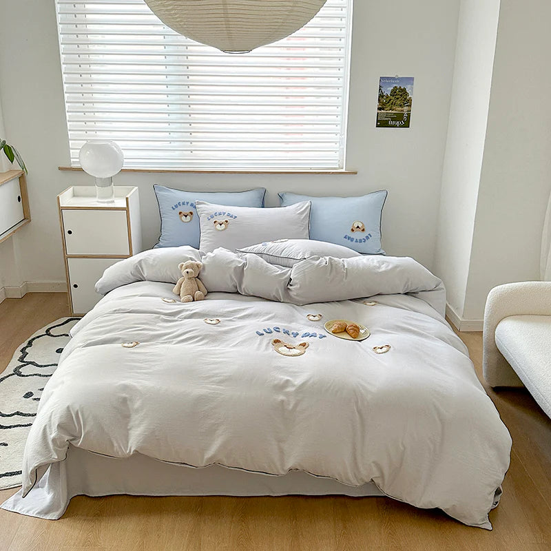 Cute Bear Embroidery Bedding Set