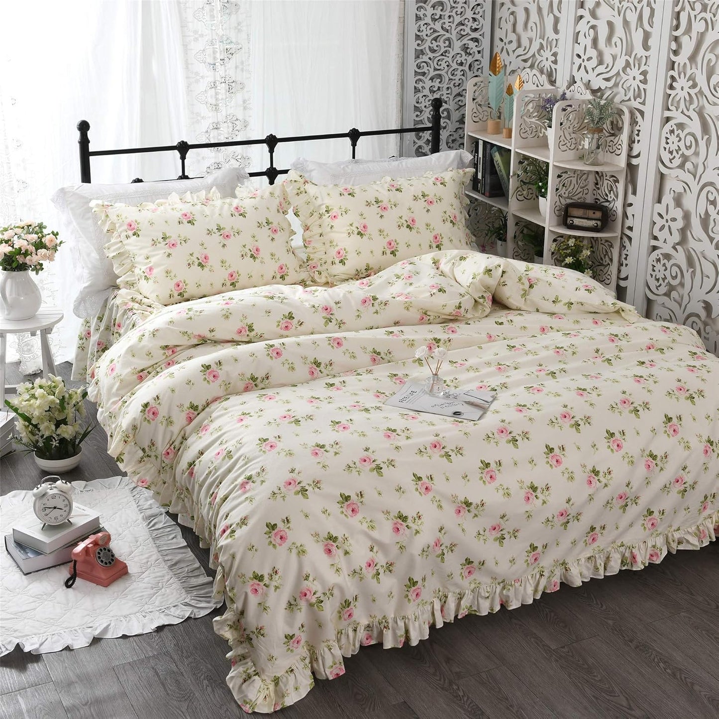 Ruffle Duvet Cover Sets Twin Shabby Floral Bedding Set Beige Rose Duvet Cover Set Rose Floral Girls Bedding Farmhouse Chic Bedding French Country Bedding Sets 3 Pieces Twin Size