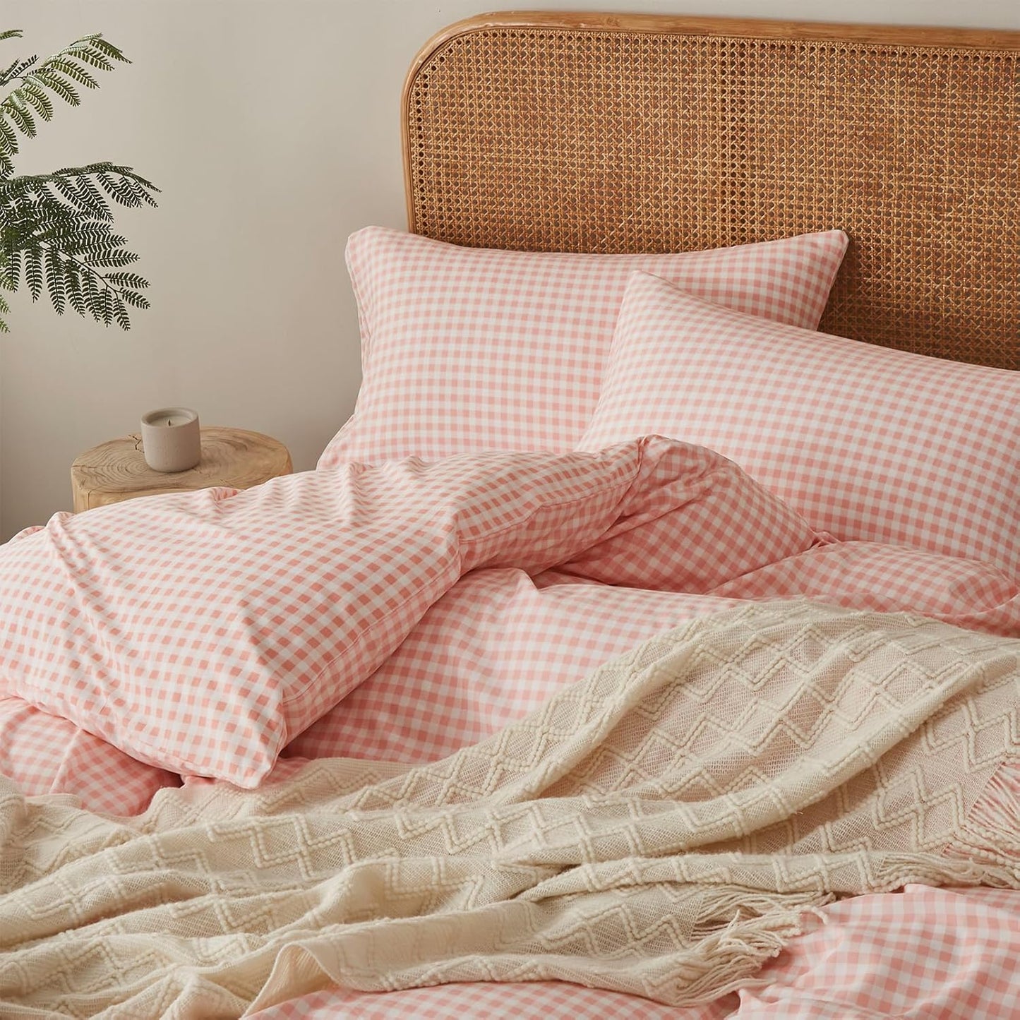 Gingham Duvet Cover Set Queen 3 Pieces Pink White Plaid Checkered Comforter Cover Reversible Microfiber Washed Cotton Bedding Zipper Ties 2 Pillowcases Breathable Soft Farmhouse Style Cozy Decor
