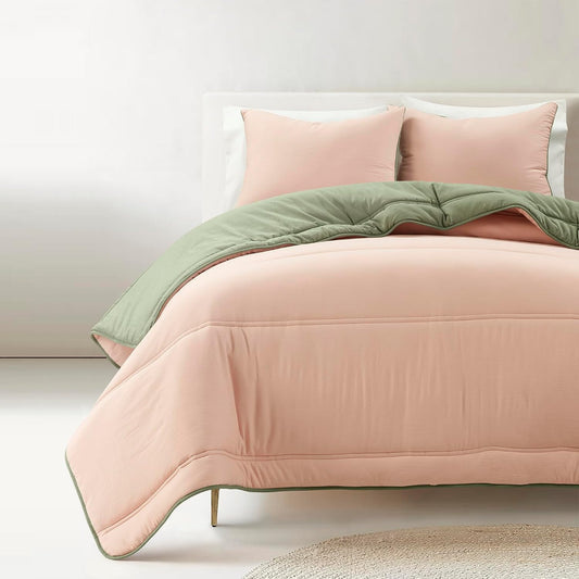 Oslo Soft Reversible Quilted Comforter Set, 3 Piece Set, Full/Queen, Coral & Sage - Soft Bedding Set - Green & Pink Comforter - Dorm Decor - Queen Quilt - Minimalist & Modern Bedroom Decor
