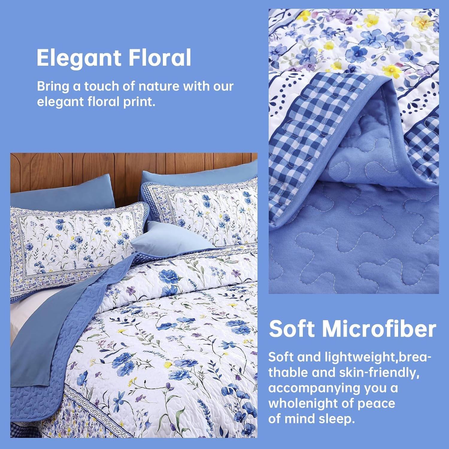 WONGD Bedding Floral Quilt Set King, 3 Pieces Blue Bedspreads Coverlet Set, Garden Floral Printed Quilted Bedding Set，Lightweight Farmhouse Spring Summer Beds Coverlet for All Season(110"X90")