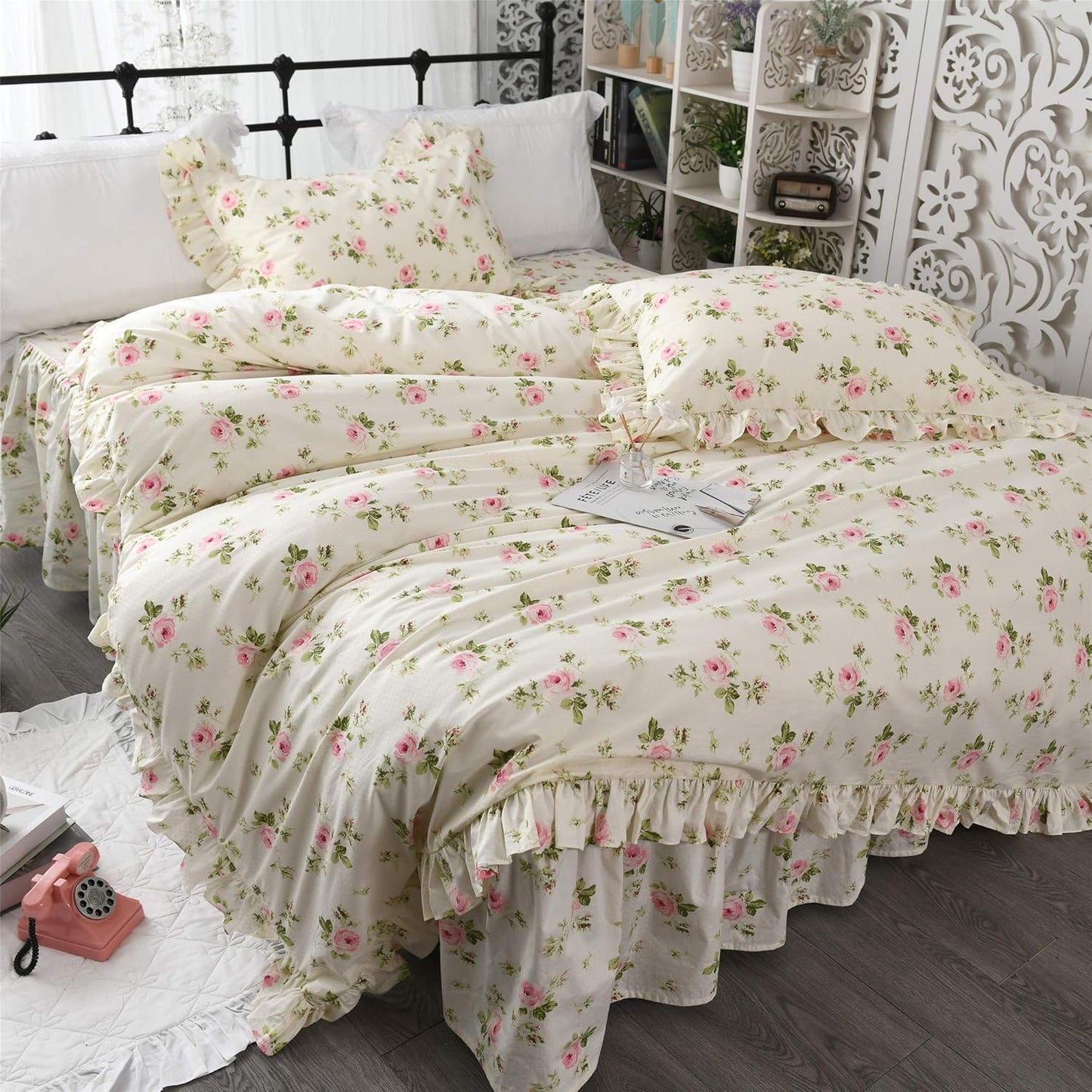 Ruffle Duvet Cover Sets Twin Shabby Floral Bedding Set Beige Rose Duvet Cover Set Rose Floral Girls Bedding Farmhouse Chic Bedding French Country Bedding Sets 3 Pieces Twin Size