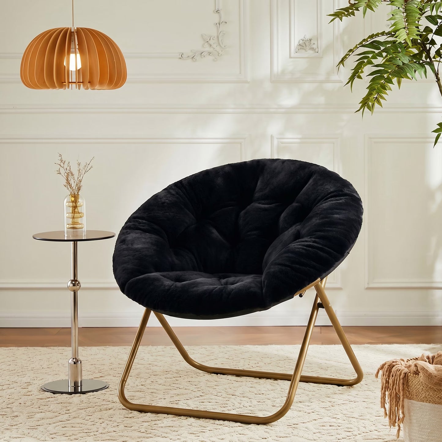 Faux Fur Folding Saucer Chair, Foldable Accent Chair for Adults, Soft Plush Seat, Lightweight & Comfortable, Black