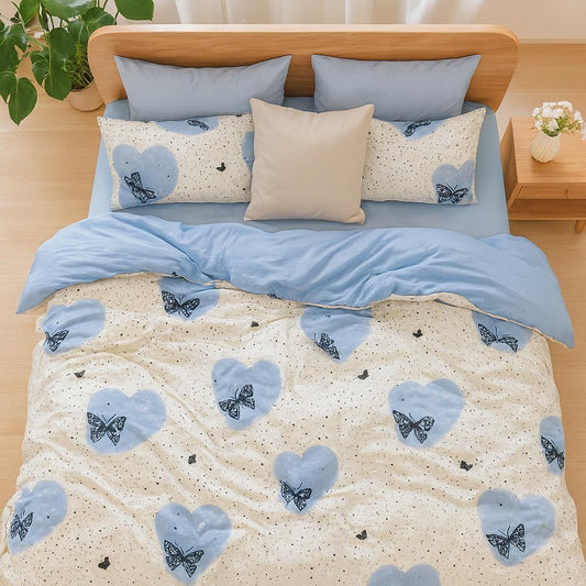 Butterfly Floral Duvet Cover Set Queen Cornflower Blue Reversible Bedding Microfiber Soft Breathable Comforter Cover Pillowcases Dorm Bedroom Cottage Home Decor Bedding Collection Machine Washable