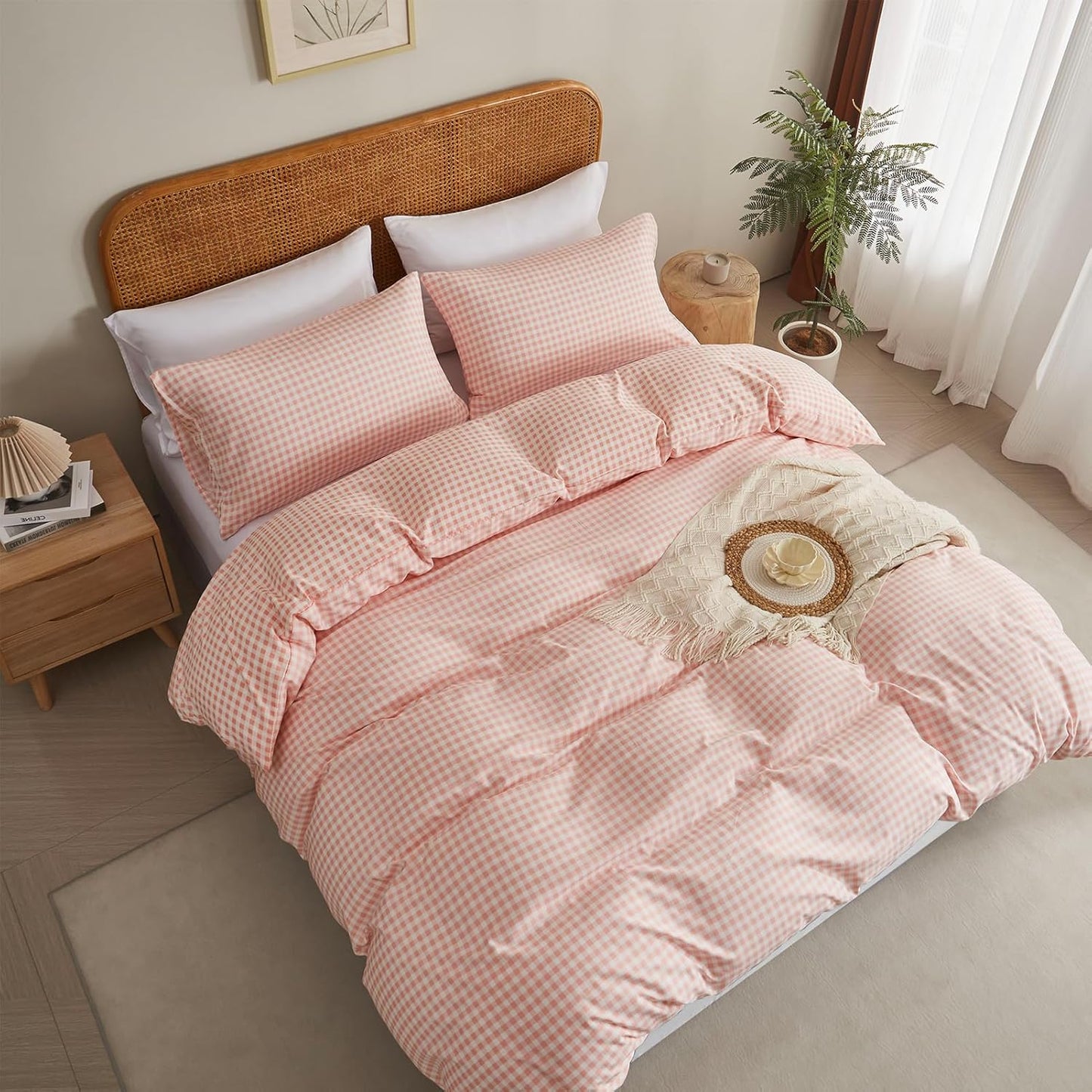 Gingham Duvet Cover Set Queen 3 Pieces Pink White Plaid Checkered Comforter Cover Reversible Microfiber Washed Cotton Bedding Zipper Ties 2 Pillowcases Breathable Soft Farmhouse Style Cozy Decor