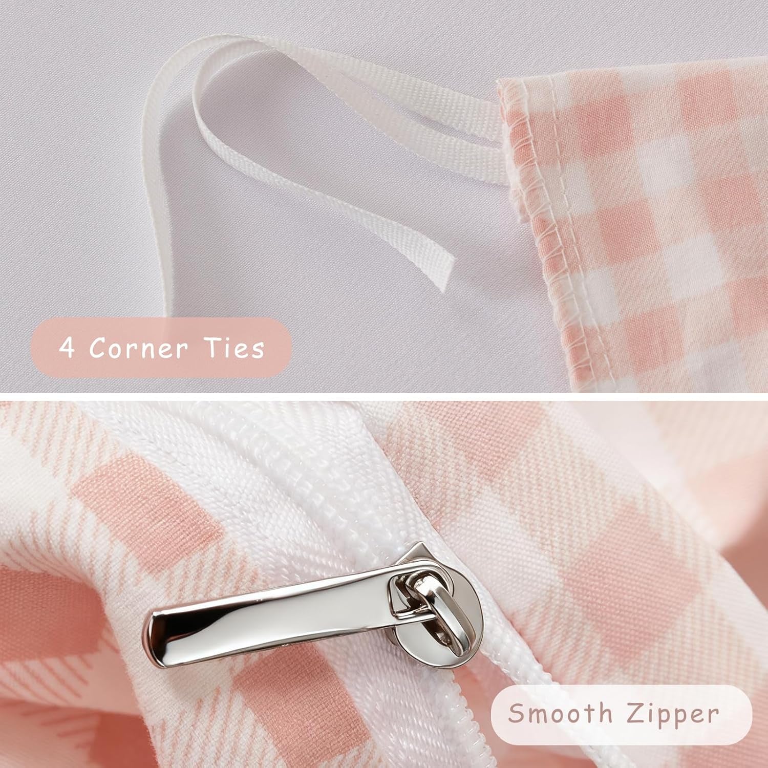 Gingham Duvet Cover Set Queen 3 Pieces Pink White Plaid Checkered Comforter Cover Reversible Microfiber Washed Cotton Bedding Zipper Ties 2 Pillowcases Breathable Soft Farmhouse Style Cozy Decor