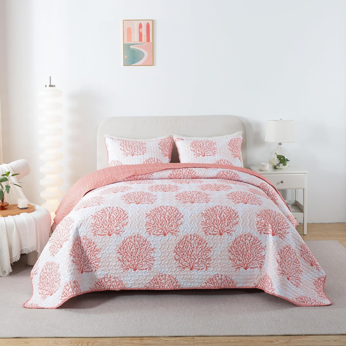 Coastal Quilt Set - King and 2 Shams, Quilted Coastal Bedspread with Beach Theme, Ocean Bedding Set, Summer Nautical Quilt, Beachy Comforter with Tropical Motif, Sea of Coral