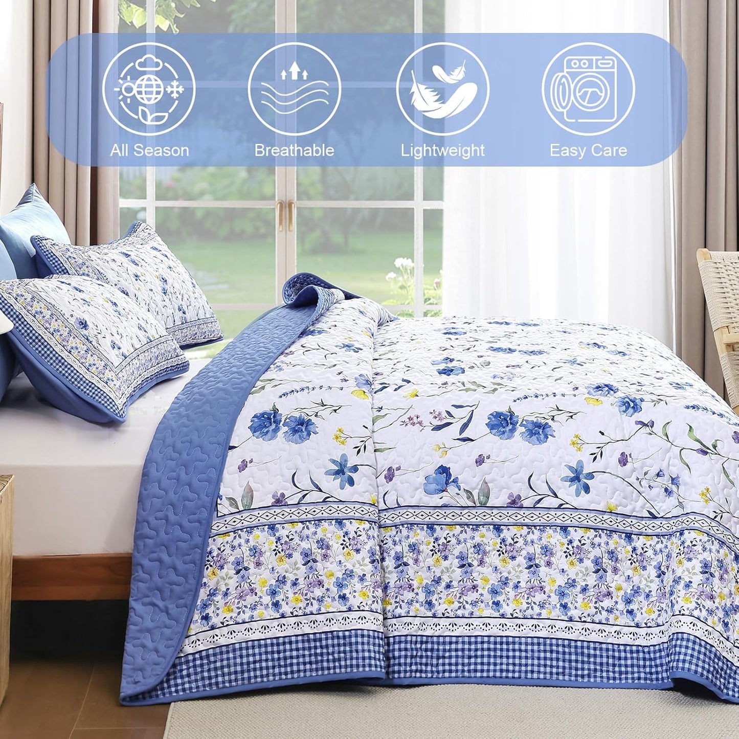 WONGD Bedding Floral Quilt Set King, 3 Pieces Blue Bedspreads Coverlet Set, Garden Floral Printed Quilted Bedding Set，Lightweight Farmhouse Spring Summer Beds Coverlet for All Season(110"X90")