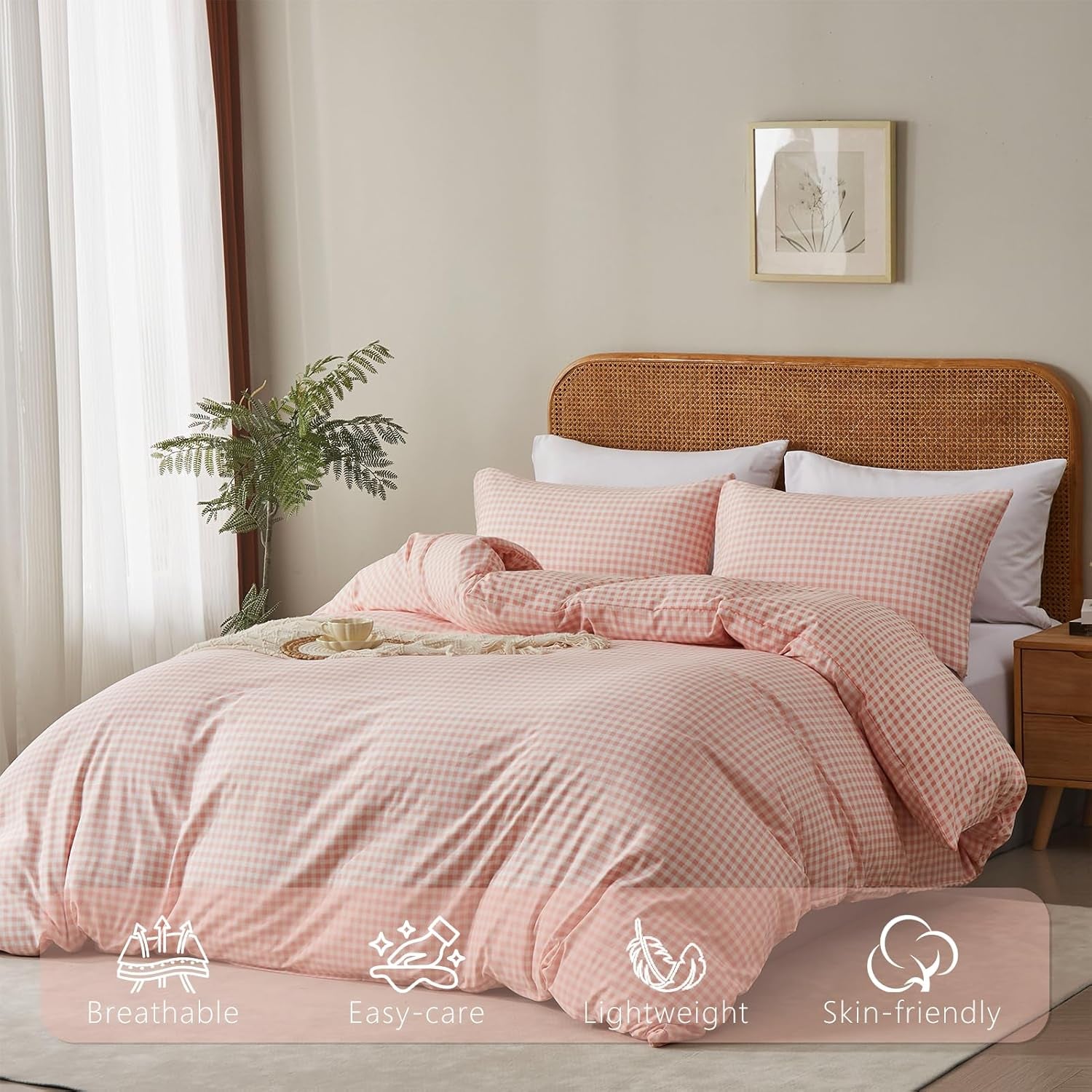 Gingham Duvet Cover Set Queen 3 Pieces Pink White Plaid Checkered Comforter Cover Reversible Microfiber Washed Cotton Bedding Zipper Ties 2 Pillowcases Breathable Soft Farmhouse Style Cozy Decor