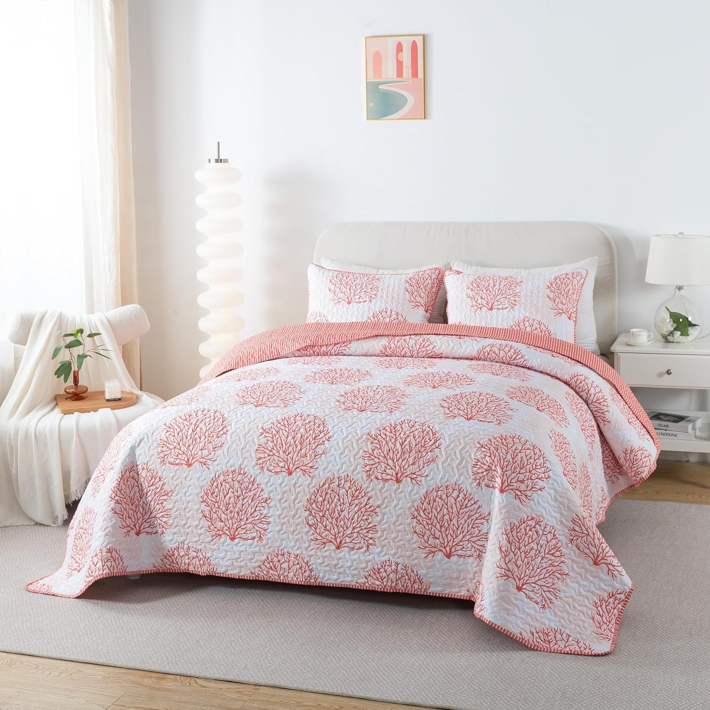 Coastal Quilt Set - King and 2 Shams, Quilted Coastal Bedspread with Beach Theme, Ocean Bedding Set, Summer Nautical Quilt, Beachy Comforter with Tropical Motif, Sea of Coral