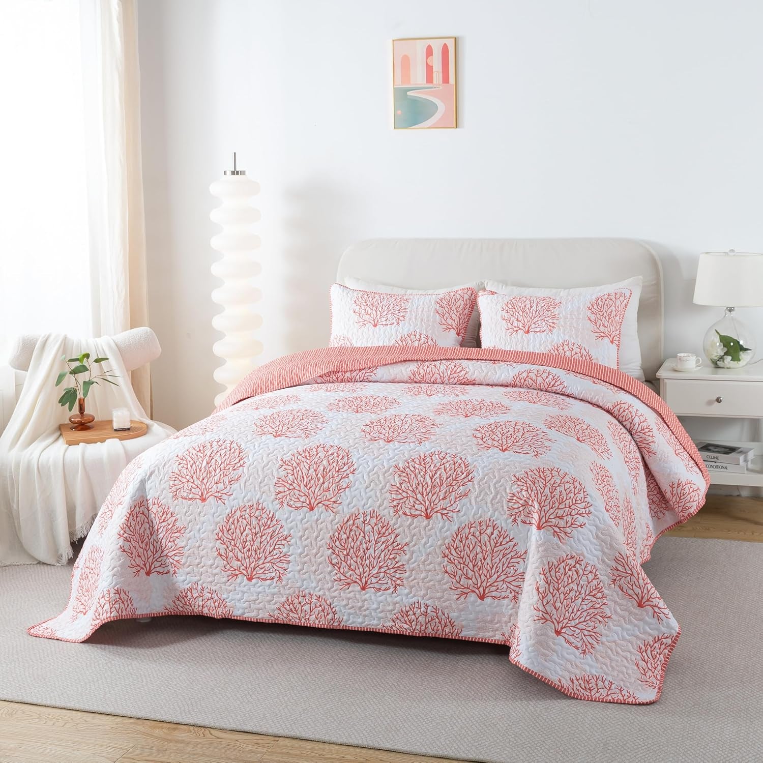 Coastal Quilt Set - King and 2 Shams, Quilted Coastal Bedspread with Beach Theme, Ocean Bedding Set, Summer Nautical Quilt, Beachy Comforter with Tropical Motif, Sea of Coral