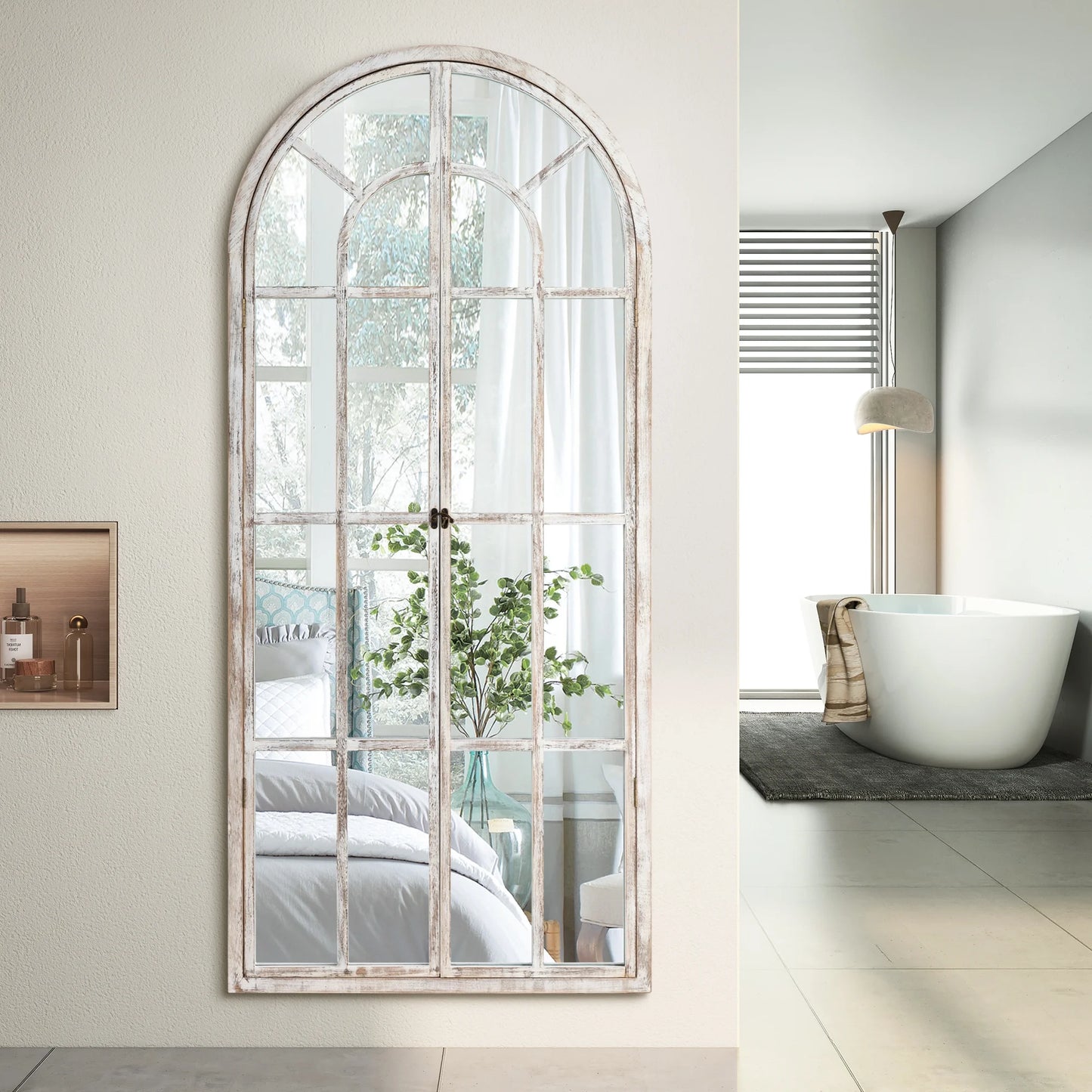 71"X32" Modern Arched Foldable Window Mirror Full Length Mirror Floor Mirror,Weathered White