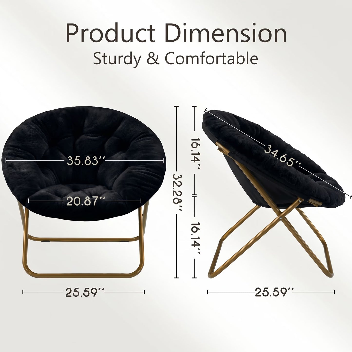 Faux Fur Folding Saucer Chair, Foldable Accent Chair for Adults, Soft Plush Seat, Lightweight & Comfortable, Black