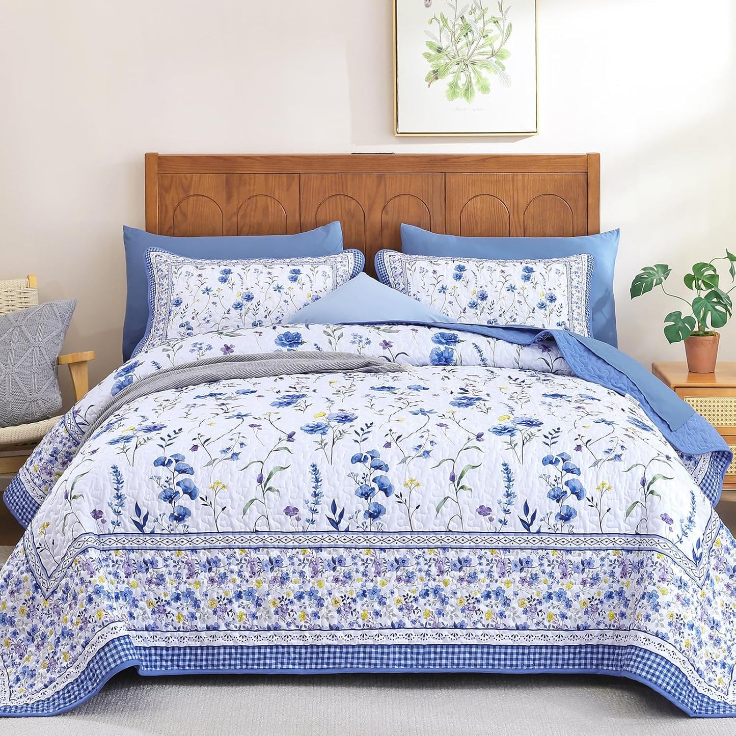 WONGD Bedding Floral Quilt Set King, 3 Pieces Blue Bedspreads Coverlet Set, Garden Floral Printed Quilted Bedding Set，Lightweight Farmhouse Spring Summer Beds Coverlet for All Season(110"X90")