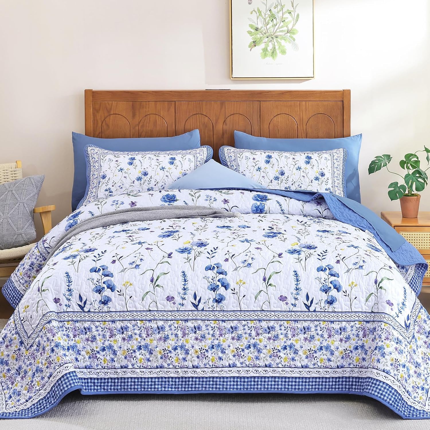 WONGD Bedding Floral Quilt Set King, 3 Pieces Blue Bedspreads Coverlet Set, Garden Floral Printed Quilted Bedding Set，Lightweight Farmhouse Spring Summer Beds Coverlet for All Season(110"X90")