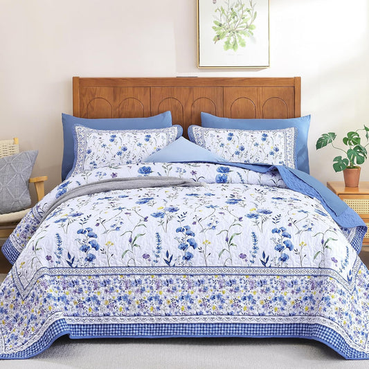 WONGD Bedding Floral Quilt Set King, 3 Pieces Blue Bedspreads Coverlet Set, Garden Floral Printed Quilted Bedding Set，Lightweight Farmhouse Spring Summer Beds Coverlet for All Season(110"X90")