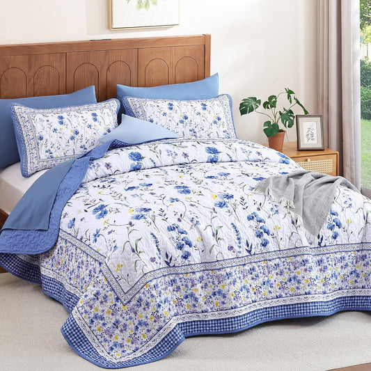 WONGD Bedding Floral Quilt Set King, 3 Pieces Blue Bedspreads Coverlet Set, Garden Floral Printed Quilted Bedding Set，Lightweight Farmhouse Spring Summer Beds Coverlet for All Season(110"X90")