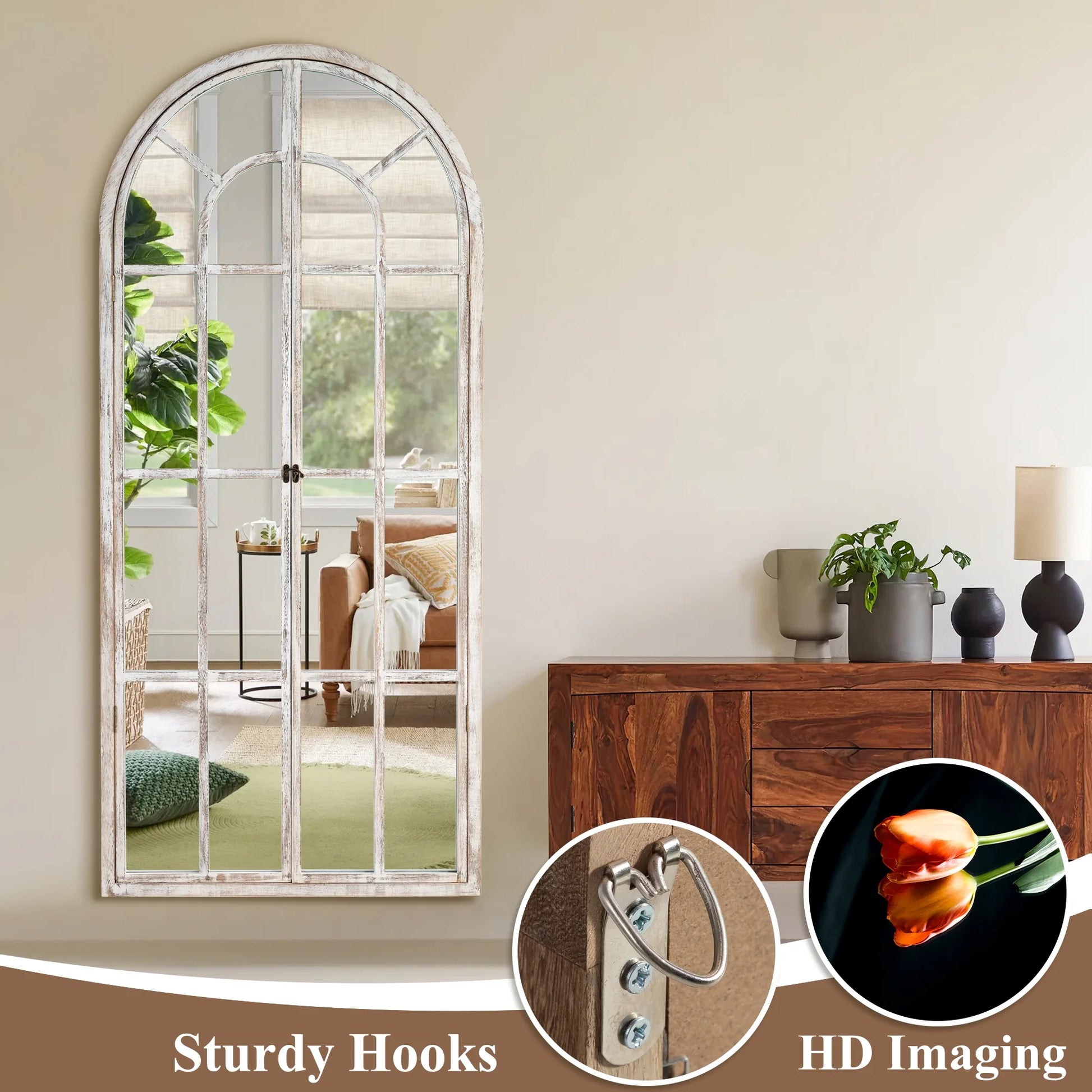 71"X32" Modern Arched Foldable Window Mirror Full Length Mirror Floor Mirror,Weathered White